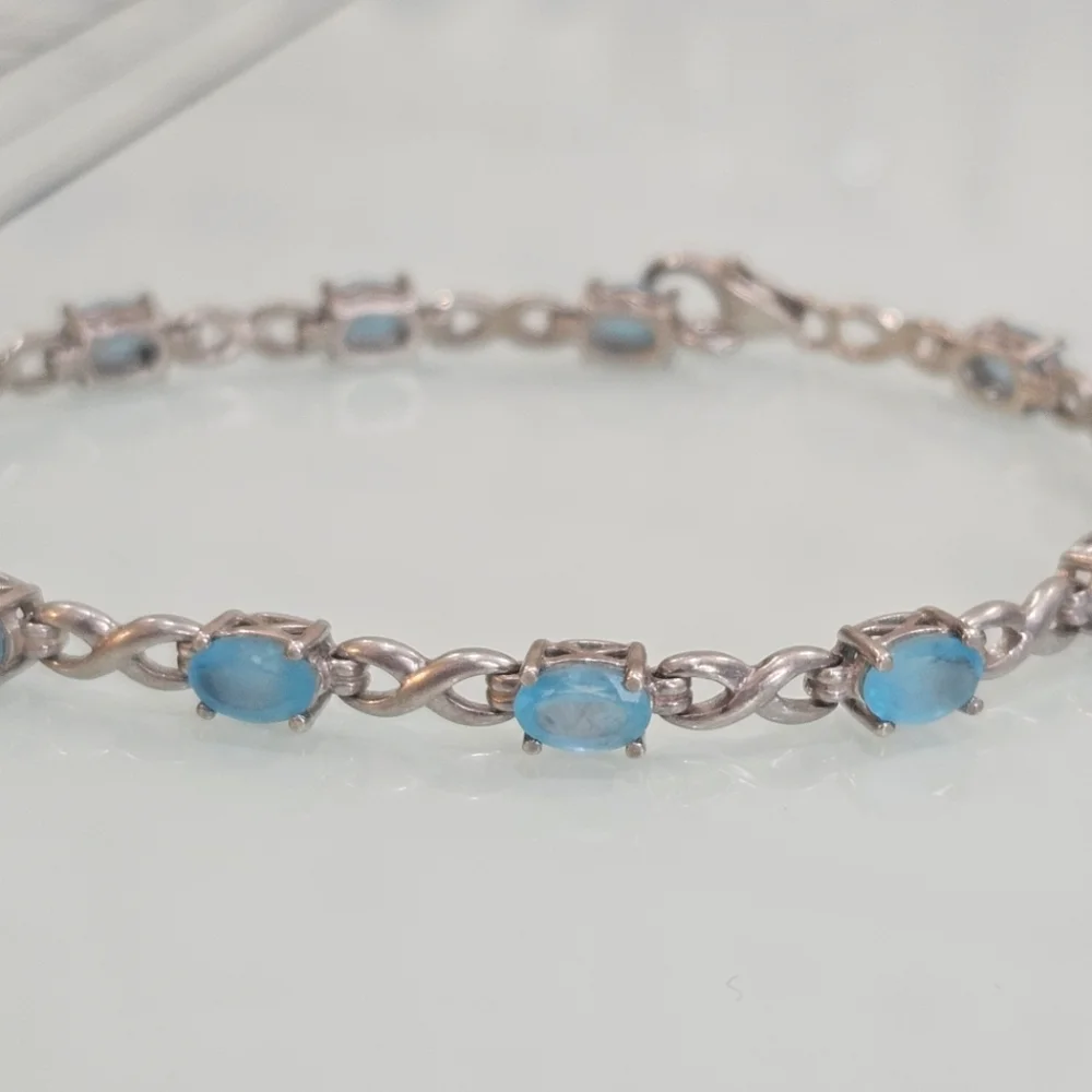 Frosted Blue Glass Sterling Silver Infinity Tennis Bracelet 925 7 1/4